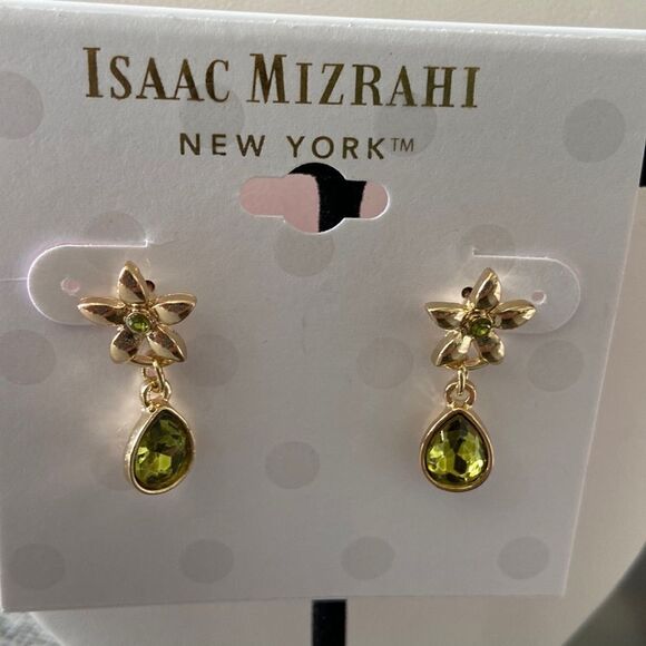 Isaac Mizrahi NWT earrings flower design with a green crystal drop - Picture 1 of 5